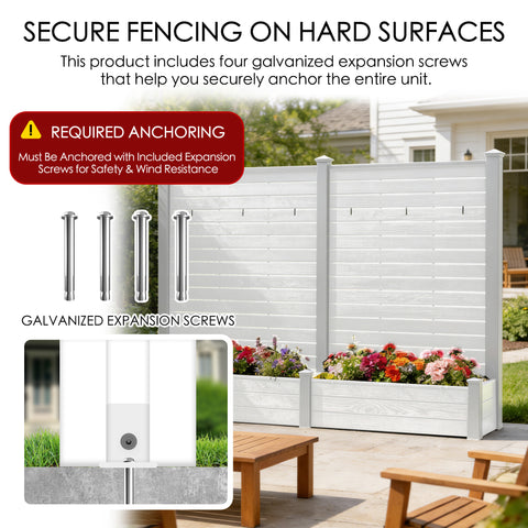 Kozyard Outdoor Privacy Fence Planter: Includes 4 Galvanized Expansion Screws for Secure Hard Surface Anchoring – Durable Wood-Plastic Panels & Aluminum Posts, Built-In Planter Box for Outdoor Gardens.
