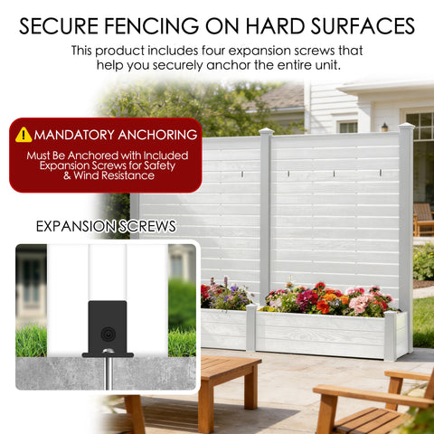 Space-saving garden integration with the Kozyard all-in-one privacy screen and raised planter box. This composite WPC fence features an integrated watering design where a woman is watering hydrangeas. No extra pots are needed. The vertical screen includes hanging hooks for herbs, small plants, or decorative items. Perfect for compact patios, balconies, or outdoor room dividers, combining aesthetics and utility.