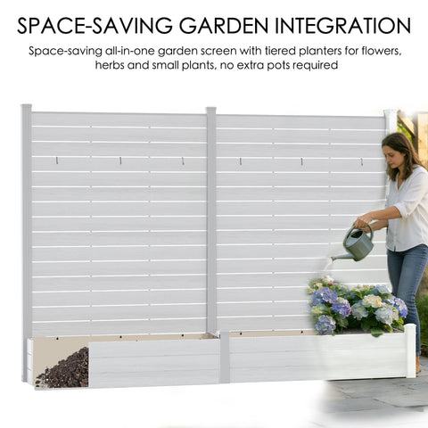 Anatomical diagram labeling the parts of the Kozyard WPC Privacy Screen with Planter. This black composite fence unit is built with strong, durable aluminum posts, reinforced with edge strips and top covers for a finished look. Features include integrated hanging hooks for decorations or plants, and high-quality wood-plastic composite panels for long-lasting, weather-resistant outdoor use. Ideal for DIY patio screening projects.