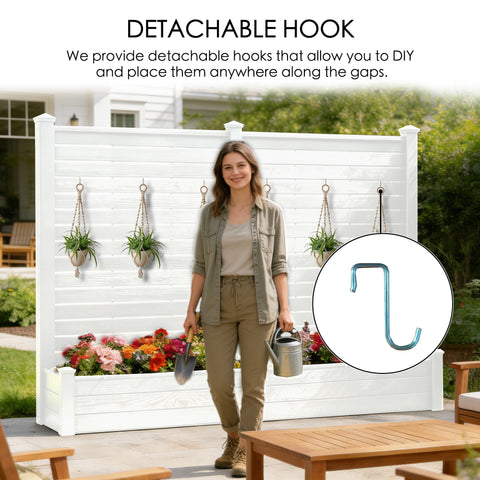 Kozyard Outdoor Fence Planter with Detachable Hooks: DIY Hook Placement Along Slats, Built-In Planter Box, Vertical Garden Style – Crafted from Durable Wood-Plastic Panels & Aluminum Posts for Yards.
