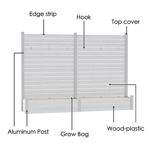 Kozyard Outdoor Fence Planter Components: Edge Strip, Top Cover, Detachable Hooks, Waterproof Grow Bag, Aluminum Posts & Wood-Plastic Panels – Easy-Assemble Vertical Garden Privacy Planter.
