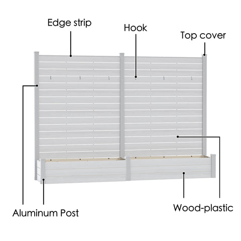 Kozyard VS Other Brand Garden Privacy Screen Planter comparison infographic. This chart highlights key advantages: Kozyard's 57 lbs heavy-duty construction vs competitors' 30 lbs, superior mortise and tenon joint assembly with no drilling, durable aluminum frame pipes with plastic wood composite (WPC) panels, and included expansion screws for stable, secure concrete anchoring. Choose a sturdy, long-lasting outdoor privacy fence planter.