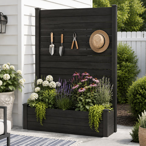 Kozyard Privacy Screen with Planter, 70" H x 51" W Outdoor Garden Screen, Aluminum Frame with WPC Boards, Dual Bottom Support Panels, Weed Barrier Cloth, Privacy Divider for Balcony, Backyard