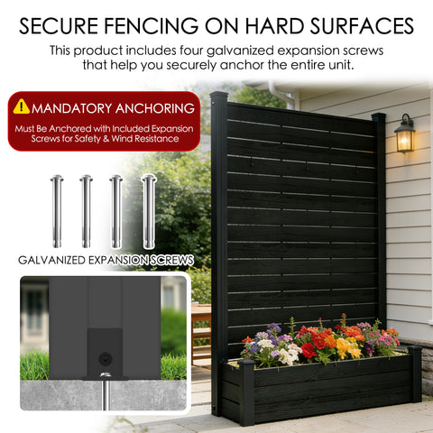 Kozyard Privacy Screen with Planter, 70" H x 51" W Outdoor Garden Screen, Aluminum Frame with WPC Boards, Dual Bottom Support Panels, Weed Barrier Cloth, Privacy Divider for Balcony, Backyard