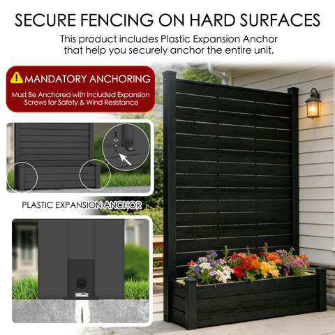 Kozyard heavy duty raised garden bed with privacy screen anchoring system guide diagram. Visual instructions emphasize the mandatory anchoring step using the four included high-strength galvanized expansion screws to securely mount the bottom frame on hard outdoor surfaces like modern stone patios or concrete pool decks, ensuring ultimate structural safety, rigid wind resistance, and anti-tipping protection during severe weather conditions.