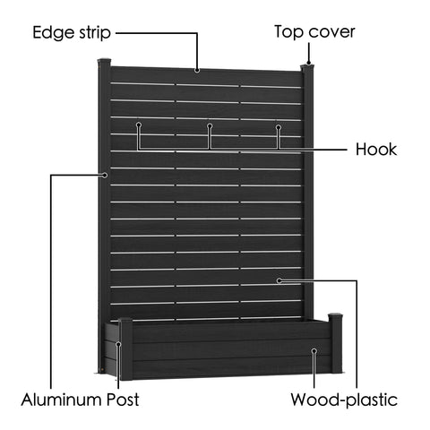 Kozyard Privacy Screen with Planter, 70" H x 51" W Outdoor Garden Screen, Aluminum Frame with WPC Boards, Dual Bottom Support Panels, Weed Barrier Cloth, Privacy Divider for Balcony, Backyard