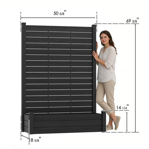 Kozyard Privacy Screen with Planter, 70" H x 51" W Outdoor Garden Screen, Aluminum Frame with WPC Boards, Dual Bottom Support Panels, Weed Barrier Cloth, Privacy Divider for Balcony, Backyard