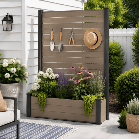 Kozyard Privacy Screen with Planter, 70" H x 51" W Outdoor Garden Screen, Aluminum Frame with WPC Boards, Dual Bottom Support Panels, Weed Barrier Cloth, Privacy Divider for Balcony, Backyard