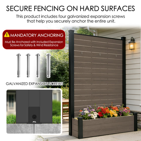 Kozyard Privacy Screen with Planter, 70" H x 51" W Outdoor Garden Screen, Aluminum Frame with WPC Boards, Dual Bottom Support Panels, Weed Barrier Cloth, Privacy Divider for Balcony, Backyard
