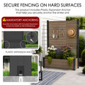 Kozyard heavy duty raised garden bed with privacy screen anchoring system guide diagram. Visual instructions emphasize the mandatory anchoring step using the four included high-strength galvanized expansion screws to securely mount the bottom frame on hard outdoor surfaces like modern stone patios or concrete pool decks, ensuring ultimate structural safety, rigid wind resistance, and anti-tipping protection during severe weather conditions.