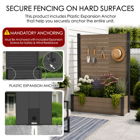 Kozyard heavy duty raised garden bed with privacy screen anchoring system guide diagram. Visual instructions emphasize the mandatory anchoring step using the four included high-strength galvanized expansion screws to securely mount the bottom frame on hard outdoor surfaces like modern stone patios or concrete pool decks, ensuring ultimate structural safety, rigid wind resistance, and anti-tipping protection during severe weather conditions.