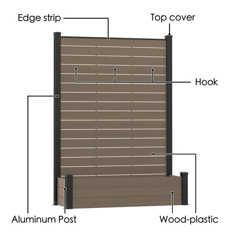 Kozyard Privacy Screen with Planter, 70" H x 51" W Outdoor Garden Screen, Aluminum Frame with WPC Boards, Dual Bottom Support Panels, Weed Barrier Cloth, Privacy Divider for Balcony, Backyard