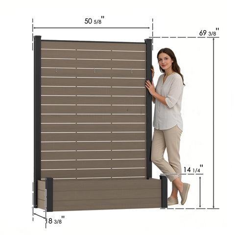 Kozyard Privacy Screen with Planter, 70" H x 51" W Outdoor Garden Screen, Aluminum Frame with WPC Boards, Dual Bottom Support Panels, Weed Barrier Cloth, Privacy Divider for Balcony, Backyard