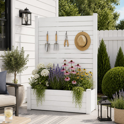 Kozyard Privacy Screen with Planter, 70" H x 51" W Outdoor Garden Screen, Aluminum Frame with WPC Boards, Dual Bottom Support Panels, Weed Barrier Cloth, Privacy Divider for Balcony, Backyard