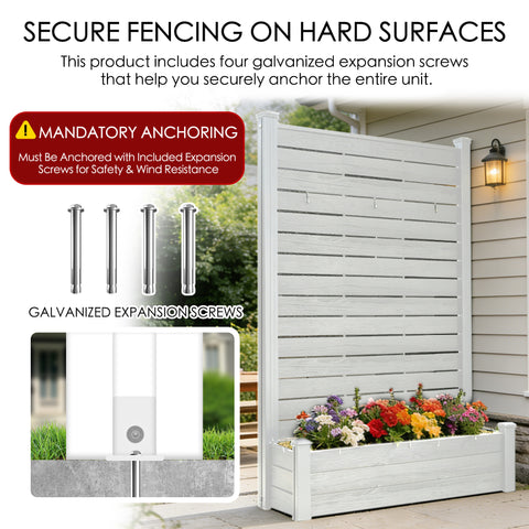 Kozyard Privacy Screen with Planter, 70" H x 51" W Outdoor Garden Screen, Aluminum Frame with WPC Boards, Dual Bottom Support Panels, Weed Barrier Cloth, Privacy Divider for Balcony, Backyard