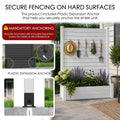 Kozyard heavy duty raised garden bed with privacy screen anchoring system guide diagram. Visual instructions emphasize the mandatory anchoring step using the four included high-strength galvanized expansion screws to securely mount the bottom frame on hard outdoor surfaces like modern stone patios or concrete pool decks, ensuring ultimate structural safety, rigid wind resistance, and anti-tipping protection during severe weather conditions.