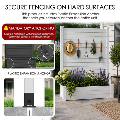 Kozyard heavy duty raised garden bed with privacy screen anchoring system guide diagram. Visual instructions emphasize the mandatory anchoring step using the four included high-strength galvanized expansion screws to securely mount the bottom frame on hard outdoor surfaces like modern stone patios or concrete pool decks, ensuring ultimate structural safety, rigid wind resistance, and anti-tipping protection during severe weather conditions.