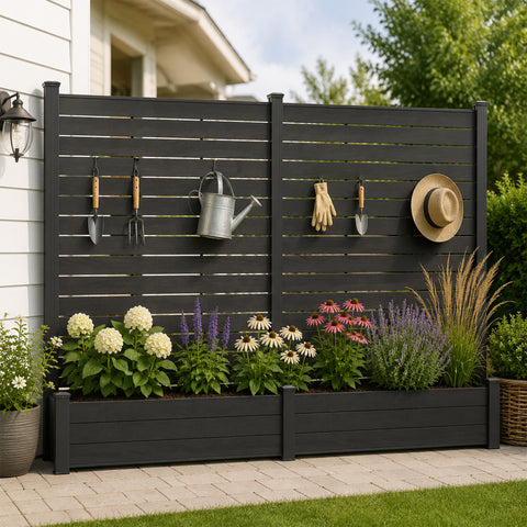Kozyard Privacy Screen with Planter, 70" H x 51" W Outdoor Garden Screen, Aluminum Frame with WPC Boards, Dual Bottom Support Panels, Weed Barrier Cloth, Privacy Divider for Balcony, Backyard