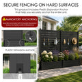 Kozyard heavy duty raised garden bed with privacy screen anchoring system guide diagram. Visual instructions emphasize the mandatory anchoring step using the four included high-strength galvanized expansion screws to securely mount the bottom frame on hard outdoor surfaces like modern stone patios or concrete pool decks, ensuring ultimate structural safety, rigid wind resistance, and anti-tipping protection during severe weather conditions.