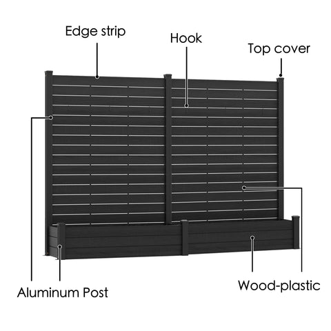 Kozyard Privacy Screen with Planter, 70" H x 51" W Outdoor Garden Screen, Aluminum Frame with WPC Boards, Dual Bottom Support Panels, Weed Barrier Cloth, Privacy Divider for Balcony, Backyard