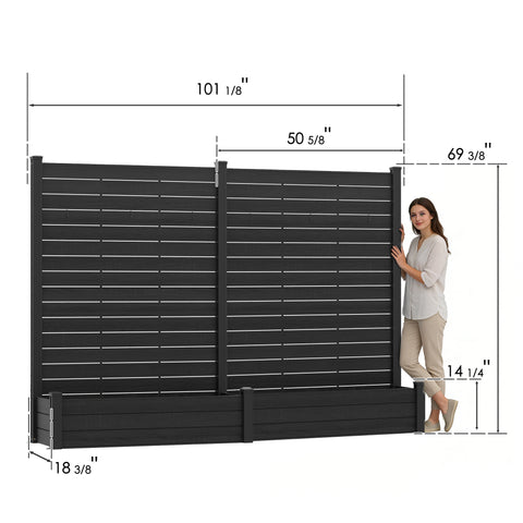 Kozyard Privacy Screen with Planter, 70" H x 51" W Outdoor Garden Screen, Aluminum Frame with WPC Boards, Dual Bottom Support Panels, Weed Barrier Cloth, Privacy Divider for Balcony, Backyard