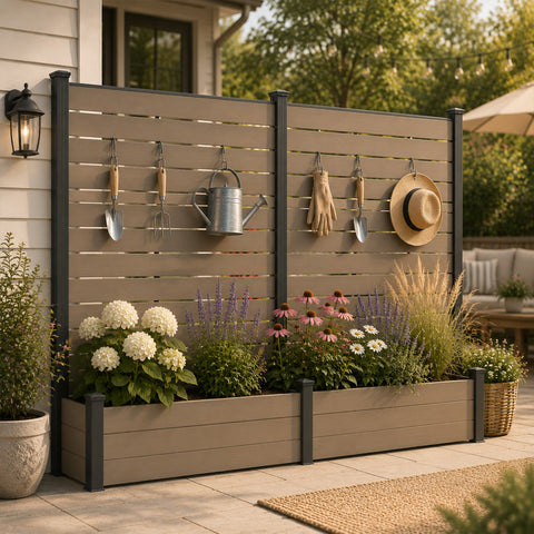 Kozyard Privacy Screen with Planter, 70" H x 51" W Outdoor Garden Screen, Aluminum Frame with WPC Boards, Dual Bottom Support Panels, Weed Barrier Cloth, Privacy Divider for Balcony, Backyard