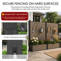 Kozyard heavy duty raised garden bed with privacy screen anchoring system guide diagram. Visual instructions emphasize the mandatory anchoring step using the four included high-strength galvanized expansion screws to securely mount the bottom frame on hard outdoor surfaces like modern stone patios or concrete pool decks, ensuring ultimate structural safety, rigid wind resistance, and anti-tipping protection during severe weather conditions.