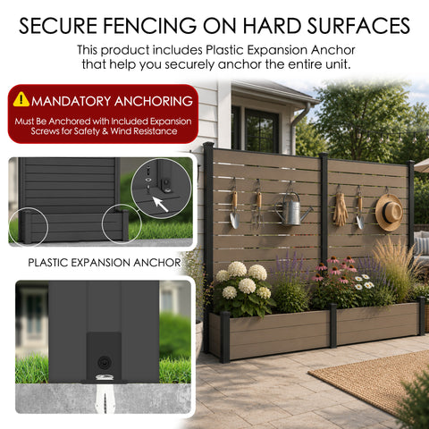 Kozyard heavy duty raised garden bed with privacy screen anchoring system guide diagram. Visual instructions emphasize the mandatory anchoring step using the four included high-strength galvanized expansion screws to securely mount the bottom frame on hard outdoor surfaces like modern stone patios or concrete pool decks, ensuring ultimate structural safety, rigid wind resistance, and anti-tipping protection during severe weather conditions.