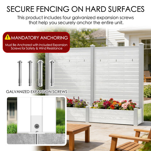 Kozyard Privacy Screen with Planter, 70" H x 51" W Outdoor Garden Screen, Aluminum Frame with WPC Boards, Dual Bottom Support Panels, Weed Barrier Cloth, Privacy Divider for Balcony, Backyard