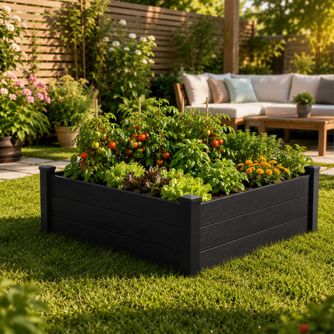 Kozyard Raised Garden Bed Kit, Outdoor WPC Planter Box with Aluminum Post Frame, Raised Vegetable Garden Box with Open Bottom Drainage Design, Weed Barrier Cloth for Flowers, Herbs