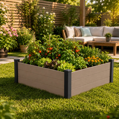 Kozyard Raised Garden Bed Kit, Outdoor WPC Planter Box with Aluminum Post Frame, Raised Vegetable Garden Box with Open Bottom Drainage Design, Weed Barrier Cloth for Flowers, Herbs