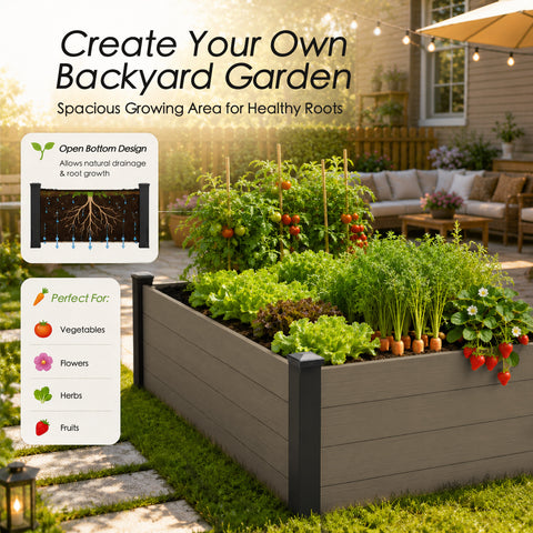 Kozyard Raised Garden Bed Kit, Outdoor WPC Planter Box with Aluminum Post Frame, Raised Vegetable Garden Box with Open Bottom Drainage Design, Weed Barrier Cloth for Flowers, Herbs