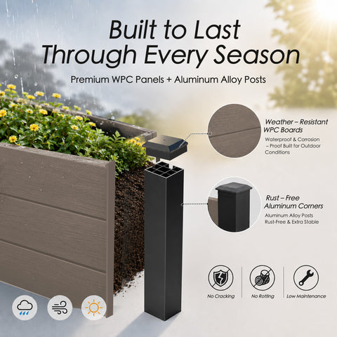 Kozyard Raised Garden Bed Kit, Outdoor WPC Planter Box with Aluminum Post Frame, Raised Vegetable Garden Box with Open Bottom Drainage Design, Weed Barrier Cloth for Flowers, Herbs