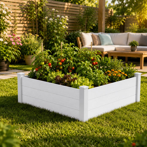 Kozyard Raised Garden Bed Kit, Outdoor WPC Planter Box with Aluminum Post Frame, Raised Vegetable Garden Box with Open Bottom Drainage Design, Weed Barrier Cloth for Flowers, Herbs