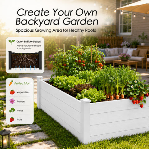 Kozyard Raised Garden Bed Kit, Outdoor WPC Planter Box with Aluminum Post Frame, Raised Vegetable Garden Box with Open Bottom Drainage Design, Weed Barrier Cloth for Flowers, Herbs