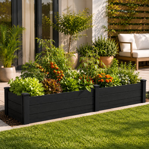 Kozyard Raised Garden Bed Kit, Outdoor WPC Planter Box with Aluminum Post Frame, Raised Vegetable Garden Box with Open Bottom Drainage Design, Weed Barrier Cloth for Flowers, Herbs