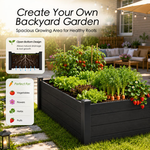 Kozyard Raised Garden Bed Kit, Outdoor WPC Planter Box with Aluminum Post Frame, Raised Vegetable Garden Box with Open Bottom Drainage Design, Weed Barrier Cloth for Flowers, Herbs