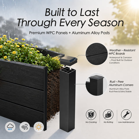 Kozyard Raised Garden Bed Kit, Outdoor WPC Planter Box with Aluminum Post Frame, Raised Vegetable Garden Box with Open Bottom Drainage Design, Weed Barrier Cloth for Flowers, Herbs