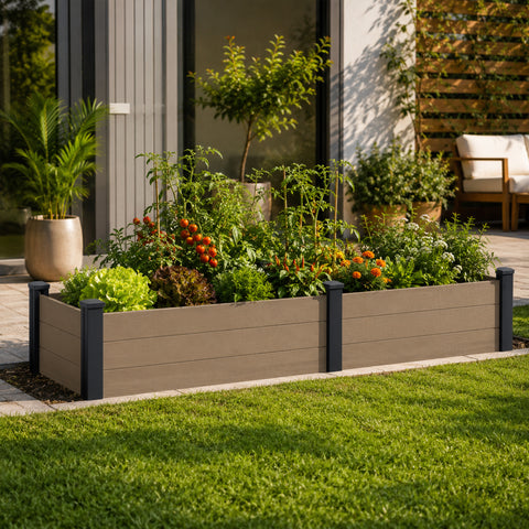 Kozyard Raised Garden Bed Kit, Outdoor WPC Planter Box with Aluminum Post Frame, Raised Vegetable Garden Box with Open Bottom Drainage Design, Weed Barrier Cloth for Flowers, Herbs