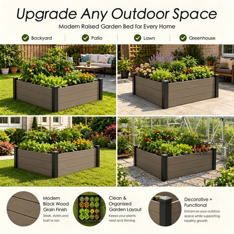 Kozyard Raised Garden Bed Kit, Outdoor WPC Planter Box with Aluminum Post Frame, Raised Vegetable Garden Box with Open Bottom Drainage Design, Weed Barrier Cloth for Flowers, Herbs