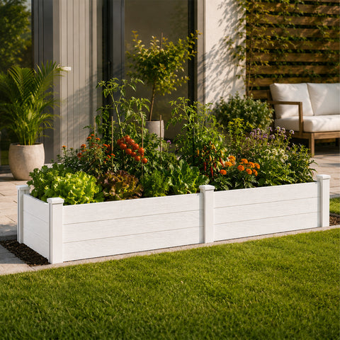 Kozyard Raised Garden Bed Kit, Outdoor WPC Planter Box with Aluminum Post Frame, Raised Vegetable Garden Box with Open Bottom Drainage Design, Weed Barrier Cloth for Flowers, Herbs