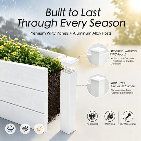 Kozyard Raised Garden Bed Kit, Outdoor WPC Planter Box with Aluminum Post Frame, Raised Vegetable Garden Box with Open Bottom Drainage Design, Weed Barrier Cloth for Flowers, Herbs