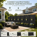 Kozyard dark gray outdoor privacy screen with planter boxes featuring connectable modular fence panels for creating a private patio, backyard or garden retreat. Decorative privacy fence panels can be combined to extend coverage and support hanging planters, making this versatile outdoor partition ideal for deck, porch, patio, poolside and landscaping privacy solutions.