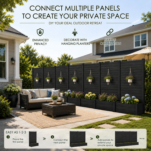 Kozyard dark gray outdoor privacy screen with planter boxes featuring connectable modular fence panels for creating a private patio, backyard or garden retreat. Decorative privacy fence panels can be combined to extend coverage and support hanging planters, making this versatile outdoor partition ideal for deck, porch, patio, poolside and landscaping privacy solutions.