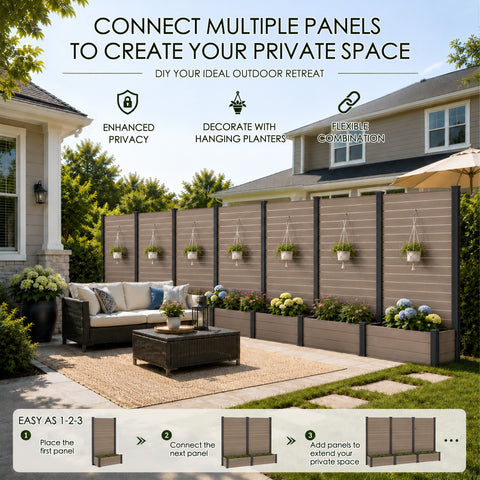 Kozyard taupe outdoor privacy screen and planter box system with modular connectable fence panels for customized backyard, patio and garden privacy. Extend multiple panels to create a decorative outdoor privacy fence, add hanging plants for stylish landscaping, and use as a patio divider, deck screen, garden partition or freestanding privacy solution for outdoor living spaces.