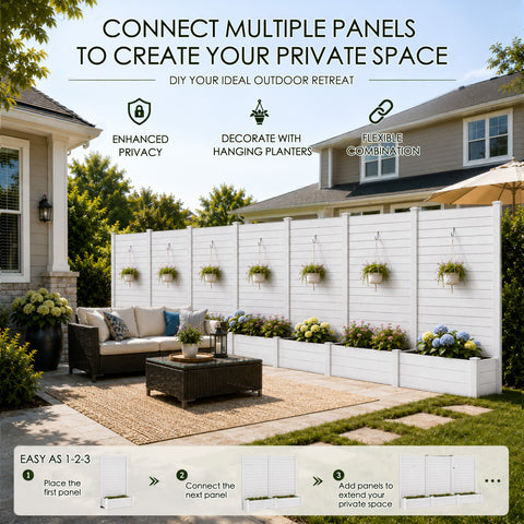 Kozyard white outdoor privacy screen with integrated planter boxes and connectable modular fence panels for patios, gardens, decks and backyards. Designed to create a customizable private outdoor space, this decorative privacy fence supports hanging planters and flexible panel combinations, making it ideal as a garden divider, patio partition, backyard privacy screen or landscaping accent.

