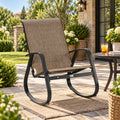 Kozyard outdoor rocking chair with white aluminum frame and gray breathable Textilene seat, modern patio rocking chair designed for backyard, porch, balcony, garden and poolside seating. Lightweight, weather-resistant outdoor lounge chair offers supportive high-back comfort and smooth rocking motion for relaxing on patios, decks and outdoor living spaces.