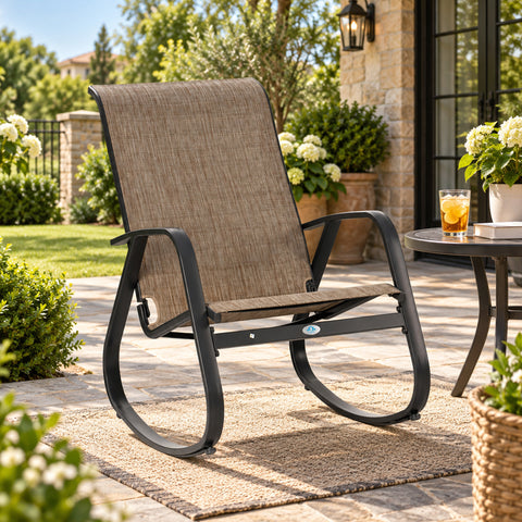 Kozyard outdoor rocking chair with white aluminum frame and gray breathable Textilene seat, modern patio rocking chair designed for backyard, porch, balcony, garden and poolside seating. Lightweight, weather-resistant outdoor lounge chair offers supportive high-back comfort and smooth rocking motion for relaxing on patios, decks and outdoor living spaces.