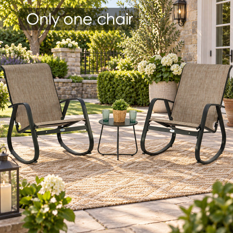 Kozyard outdoor rocking chair shown in a stylish garden patio setting with white aluminum frame, gray Textilene fabric and modern curved rocker base. This weather-resistant patio rocking chair is ideal for porch, backyard, balcony, deck, garden and poolside relaxation, offering breathable seating, lightweight construction and comfortable outdoor lounge furniture style.