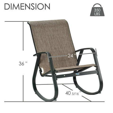 Kozyard outdoor rocking chair dimensions with 36-inch height, 24-inch width, 40 5/16-inch depth and 350 lbs weight capacity. White aluminum patio rocker with gray breathable Textilene seat combines spacious high-back comfort and durable outdoor construction, ideal for porch, balcony, backyard, deck, garden and poolside seating areas.